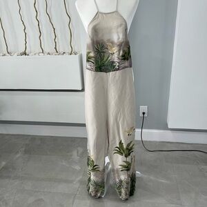 Elegant Tropical Print Jumpsuit in Cream and Green